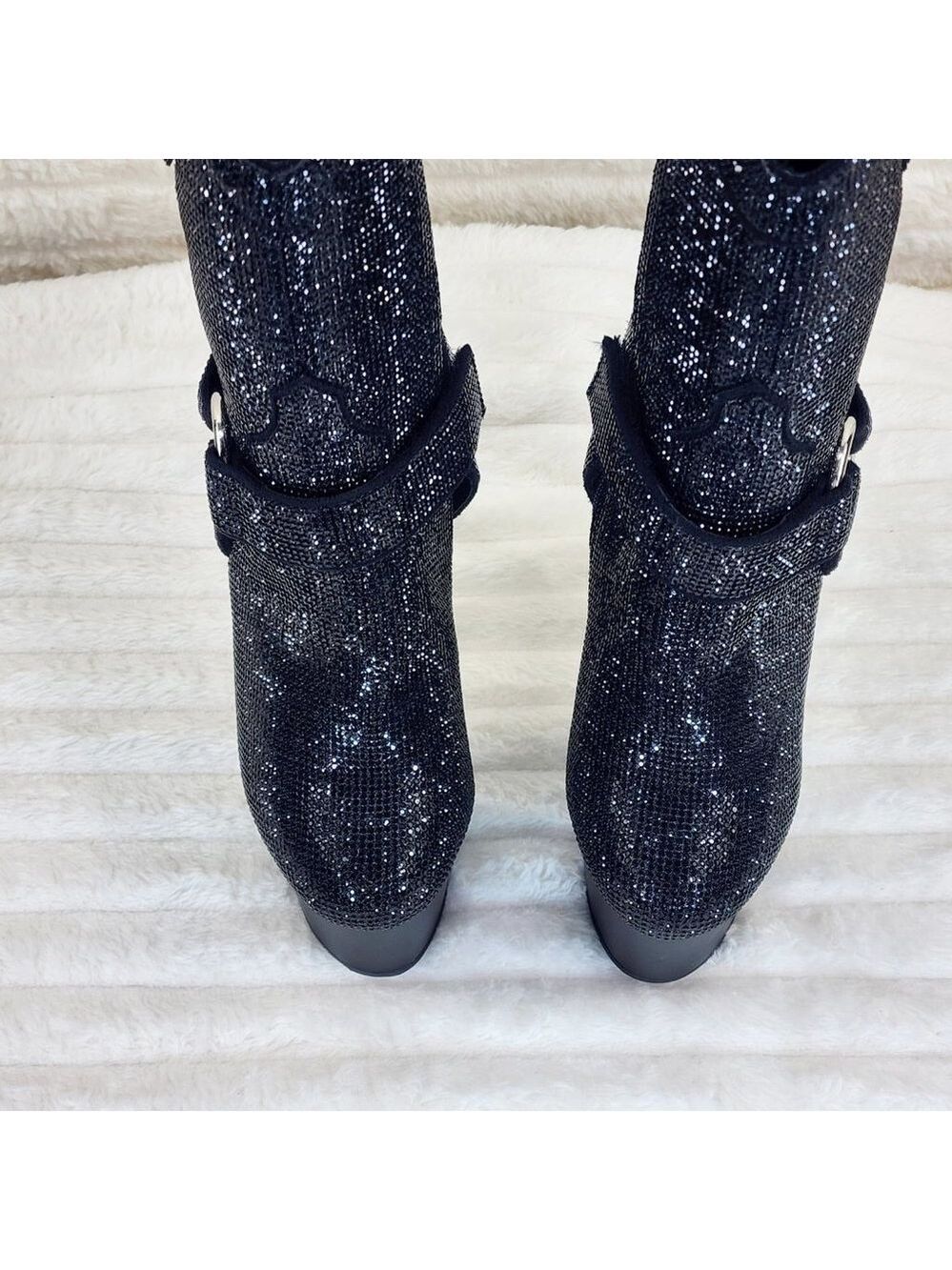 Black Rhinestone High Heel Platform Sexy Western Cowgirl Ankle Boots 1029 - Picture 6 of 10